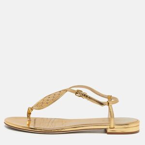 Bottega Veneta Size 40 Metallic Gold Leather Ankle Strap Flat Sandals